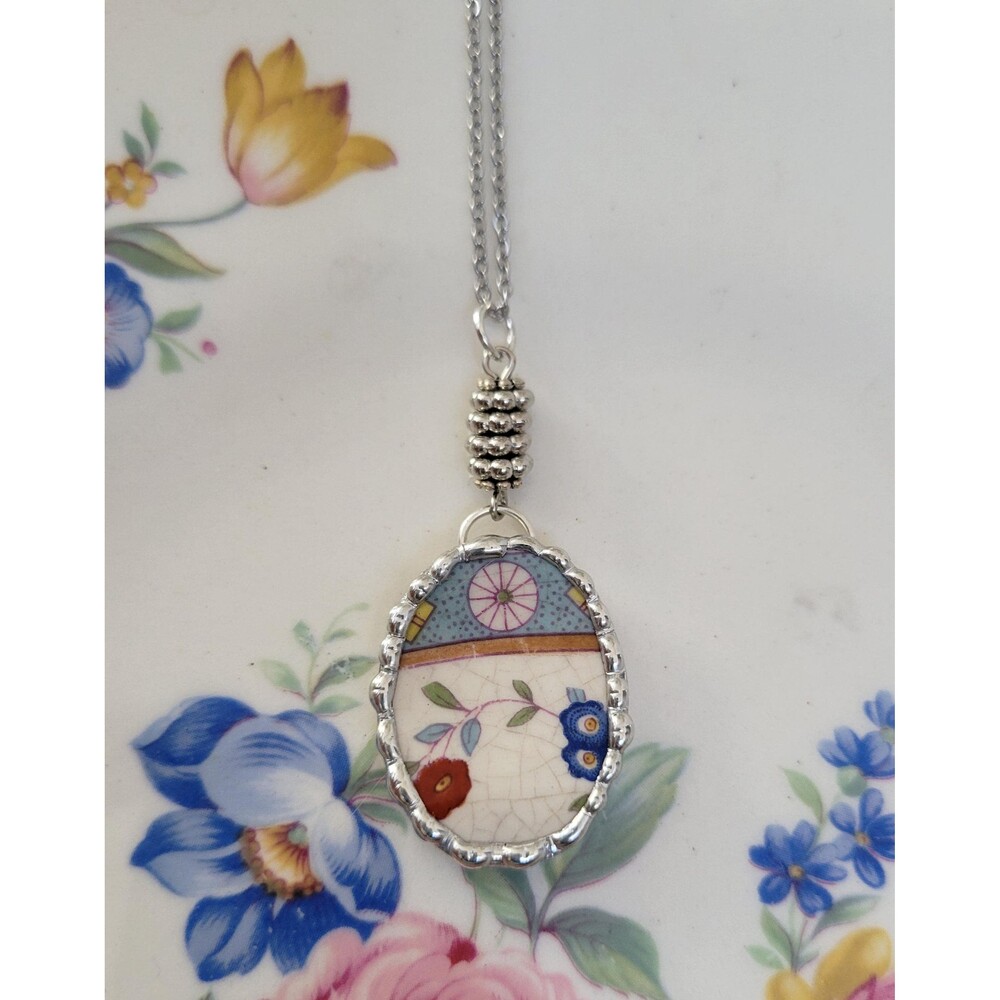 Broken China Flowers on a Vine Soldered Pendant Necklace